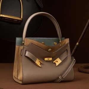 NEW Tory Burch Lee Radziwill Petite Double Clam Shell Taupe Leather Shoulder Bag